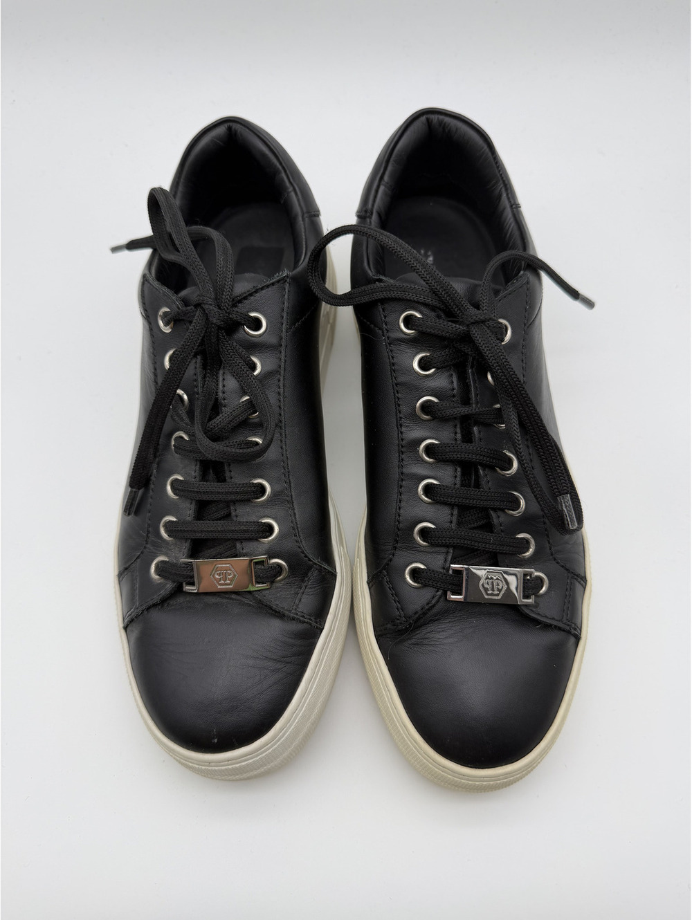 Philipp Plein Black Leather Low-Top Logo Plaque Sneakers, Size 38